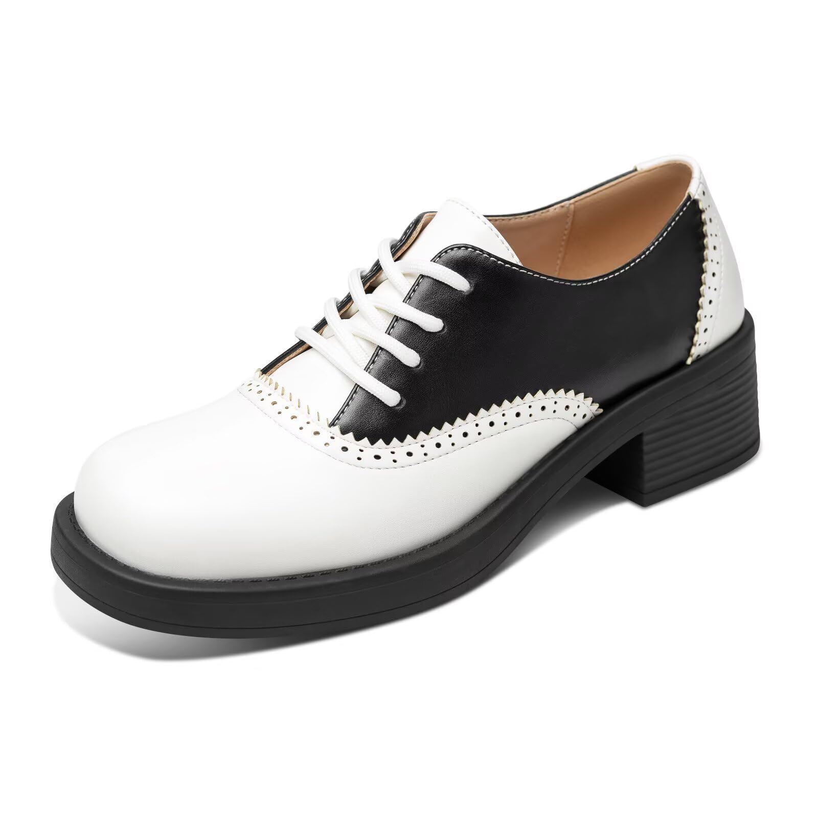 Womens Two-Tone Oxford Shoes Lace-Up Brogue Dress Shoes with Chunky Heel Comfortable Round Toe Casual Office Oxfords for