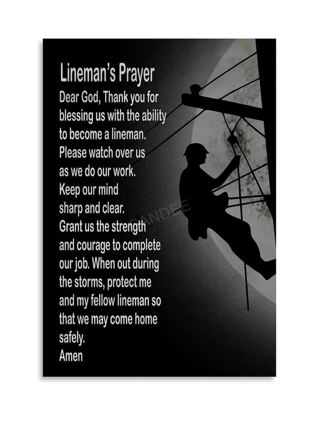 OLQEAAUF Linemans Prayer Canvas Wall-Art Inspirational Lineman Tribute Poster Gift for Lineman Utility Worker Home Office Garage Decor(Unframed,12X18inch(30X45cm))