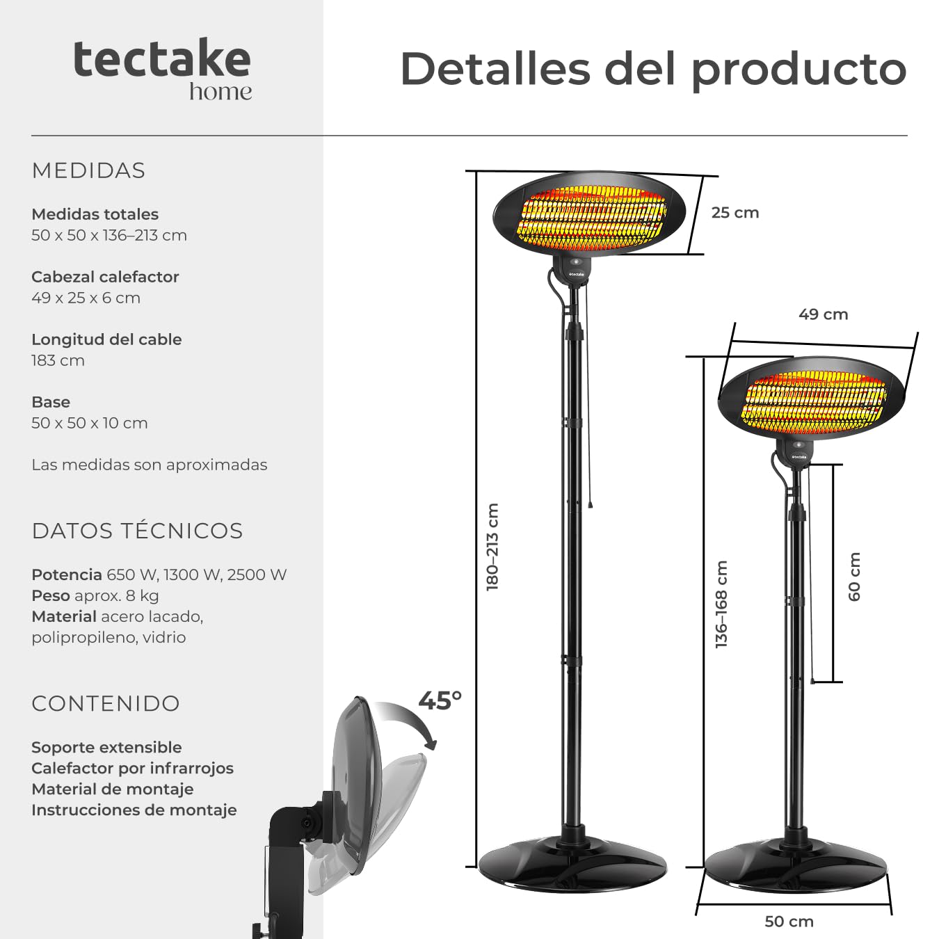 tectake® Calefactor por Infrarrojos, 3 Niveles de Potencia, Ajustable en Altura, Protección Antivuelco, Estufa Exterior, Bajo Consumo, Calefactor Electrico Terraza Exterior - Negro