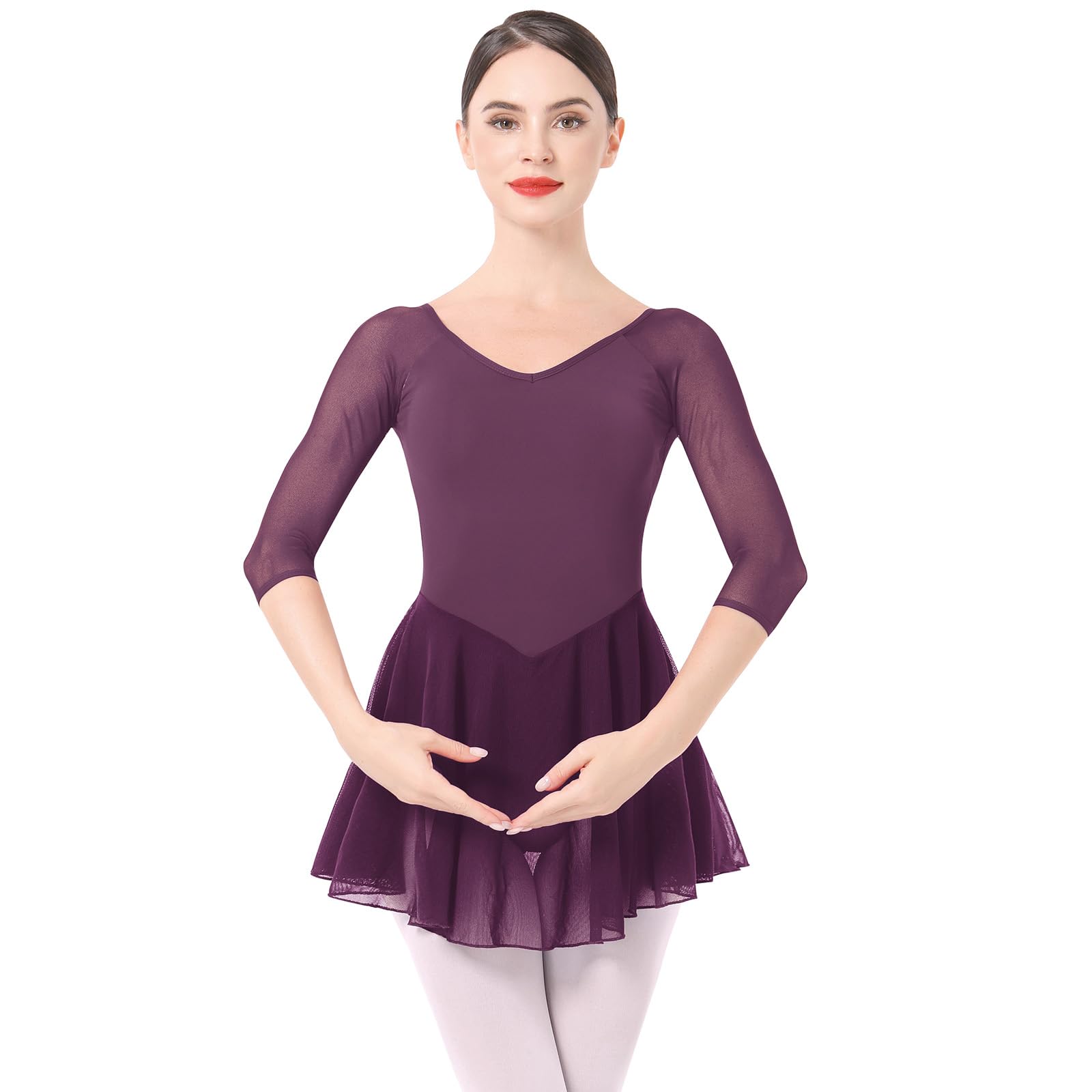 IBAKOM Justaucorps de ballet pour femme - Manches 3/4 en maille - Col en V - Dos dégagé - Justaucorps de gymnastique grande taille