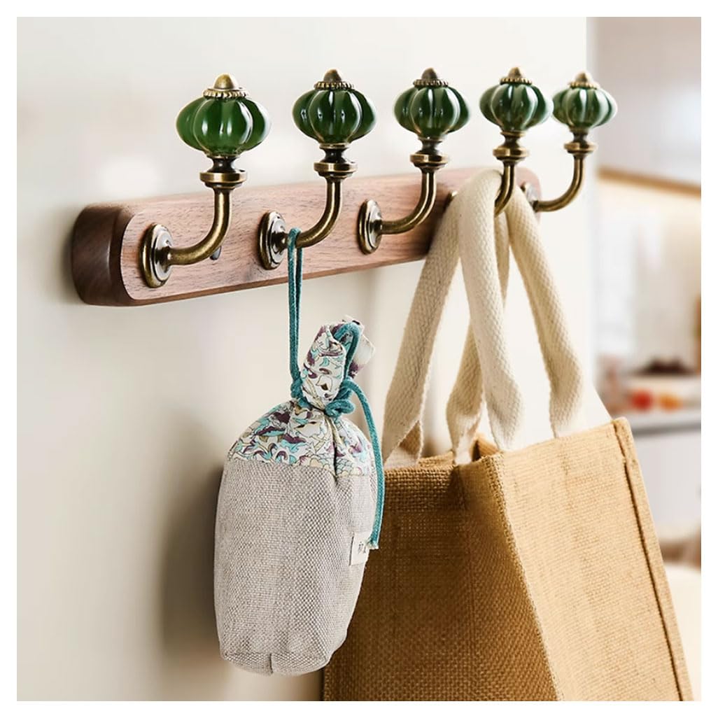 Lmysxaoz Green Walnut Solid Wood Coat Rack Wall Mount, Ceramic Pumpkin Shaped Hooks Hanging Rail Clothes Towel Racks For Bathroom Entryway Bedroom Coat, Scarf 4Hook