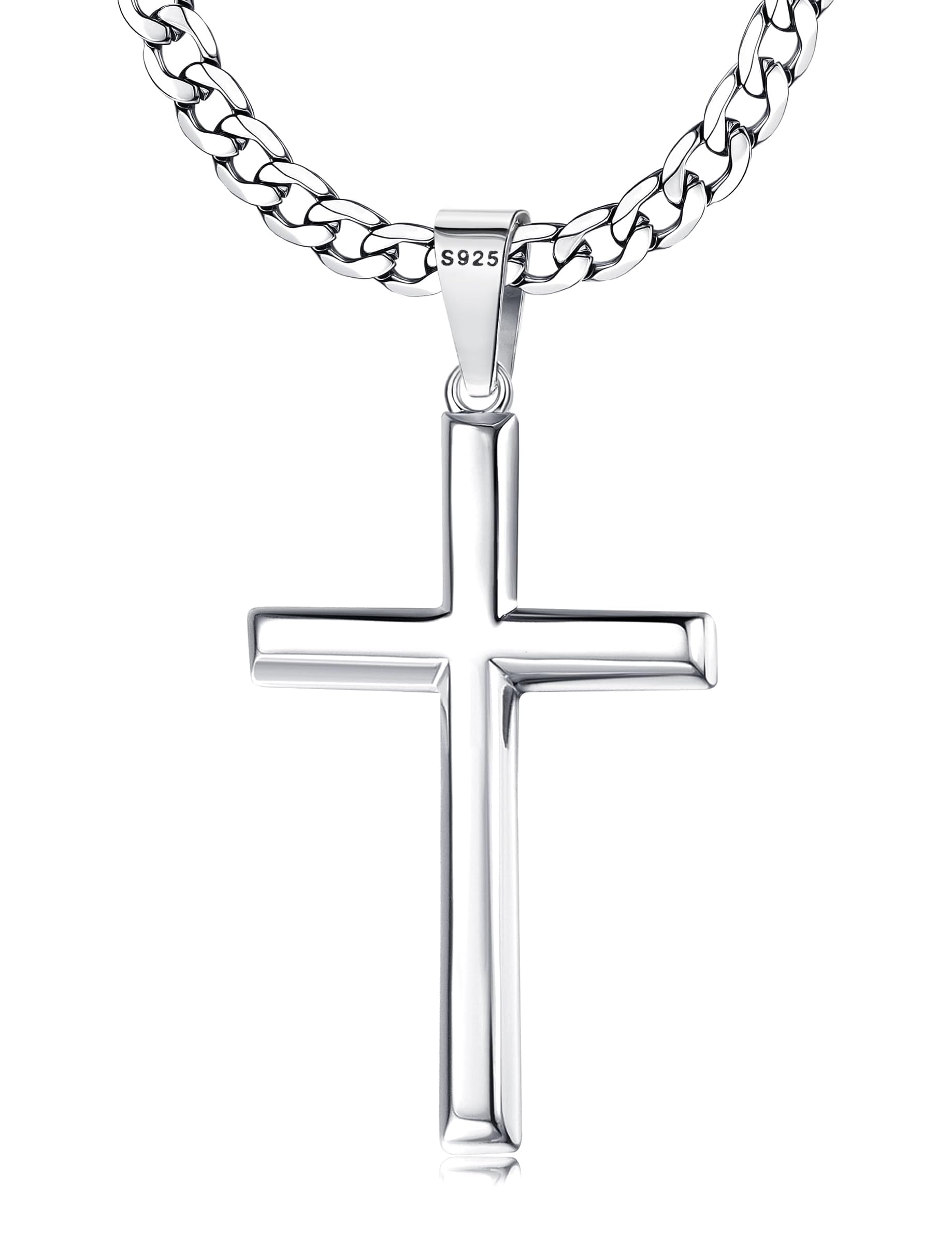 925 Sterling Silver Cross Pendant Necklace for Men Women with 5mm Stainless Steel Diamond-Cut Figaro Chain/Cuban Chain Cross Necklace 18K White Gold Plated Crucifix Necklace 18-30 Inches