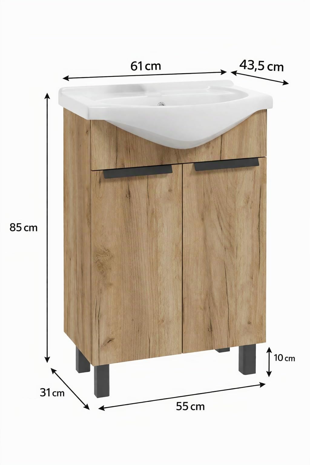 .Deftrans waschbecken mit unterschrank 60 x 85 x 43,5 cm -waschtisch mit unterschrank und Waschtischarmatur, gäste wc waschbecken mit unterschrank 60 cm Holz, schwarz Armatur, klick-Klack, Siphon Set