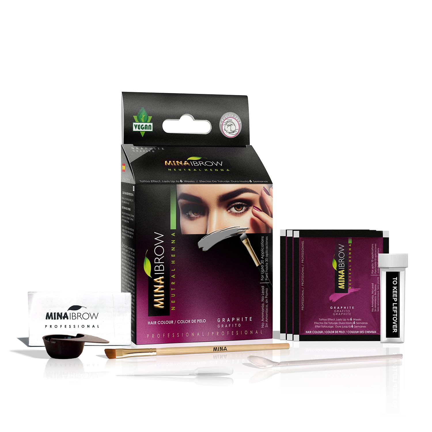 MINA iBrow Henna Hair Color Professional Tint Kit with Brush Combo Pack | Covers Gray Hair-Lasts up to 6 weeks | No Ammonia No Lead | Vegan & Cruelty Free | up to 30 Applications (Graphite)