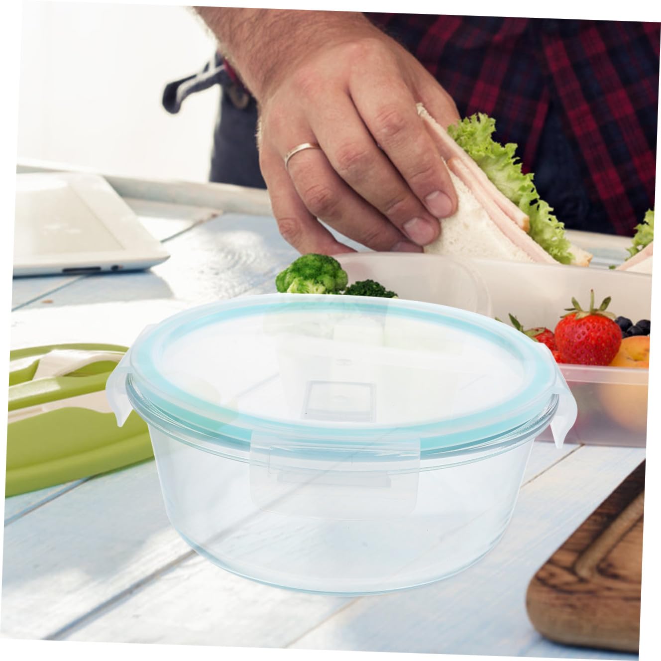 IMIKEYA Boîtes à Lunch en Verre Borosilicaté 3 Pièces Couvercle Hermétique, Design Compartimenté, Capacité 400ml 650ml 1000ml, Portable et Bleu, pour Repas au Bureau
