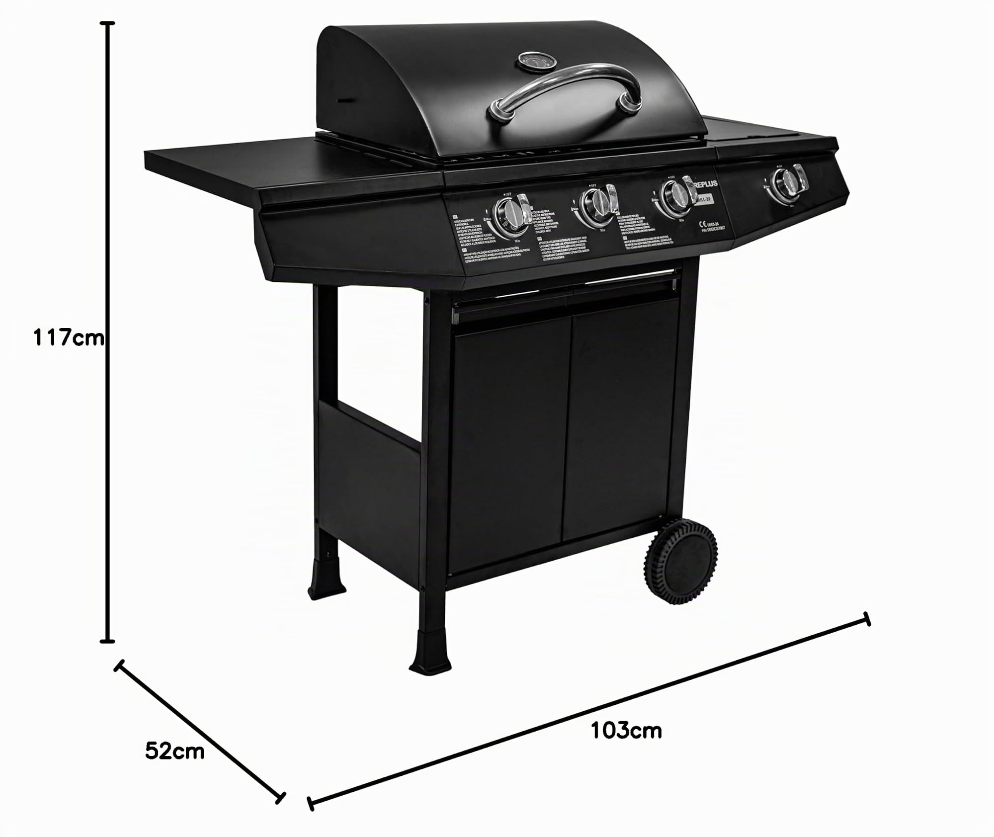 Amig - Barbacoa de gas Fireplus 3+1 de 8,4 kW - Acero inoxidable Negro - Parrilla con ruedas Modelo GRILL-3F - Barbacoa XXL con carro y termómetro - 117x52x103 cm - 4 quemadores y Bandeja lateral