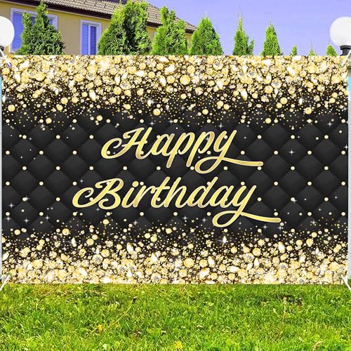 Image of Birthday Decorations Backdrop 10 x 8 ft Green Golden Happy Birthday Banner Large Birthday Party Background for Men Women Kids Photo Shoot Supplies (Black-Birthday, 10 * 8 ft)