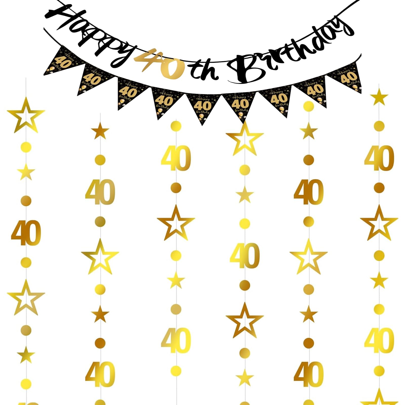40th Birthday Decorations Black Gold Theme - Complete Set with Banner, Pennant & Number 40 Star Garland - Elegant Party Decor for Men Women