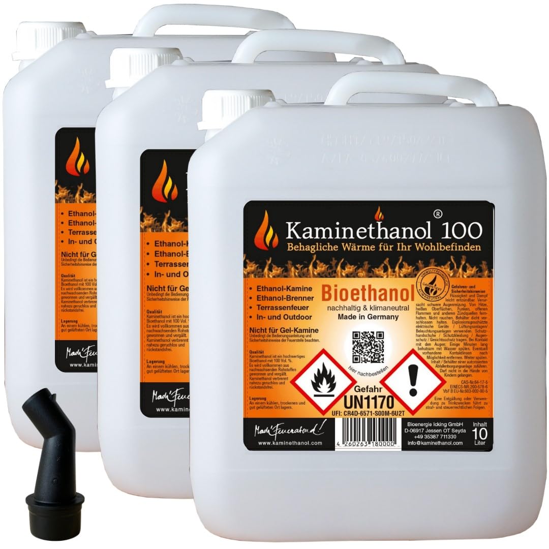30 L Bioethanol 100% Ethanol 30 Liter Bio Alkohol für Kamin mit Ausgießer in 10 L Kanister