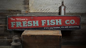 Fresh Fish Co. Wood Sign, Custom Family Name Beach House Decor, Seafood Lover Kitchen - Rustic Hand Made Vintage Wooden Sign - 5.5 x 24 Inches