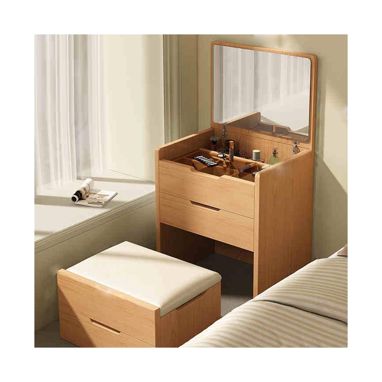 BKSXSOP Elegant Vanity Table with Mirror, Compact Makeup Station Stool, Ideal for Bedrooms & Bathrooms, Wooden Dressing - 60CM, Stylish Functional Design