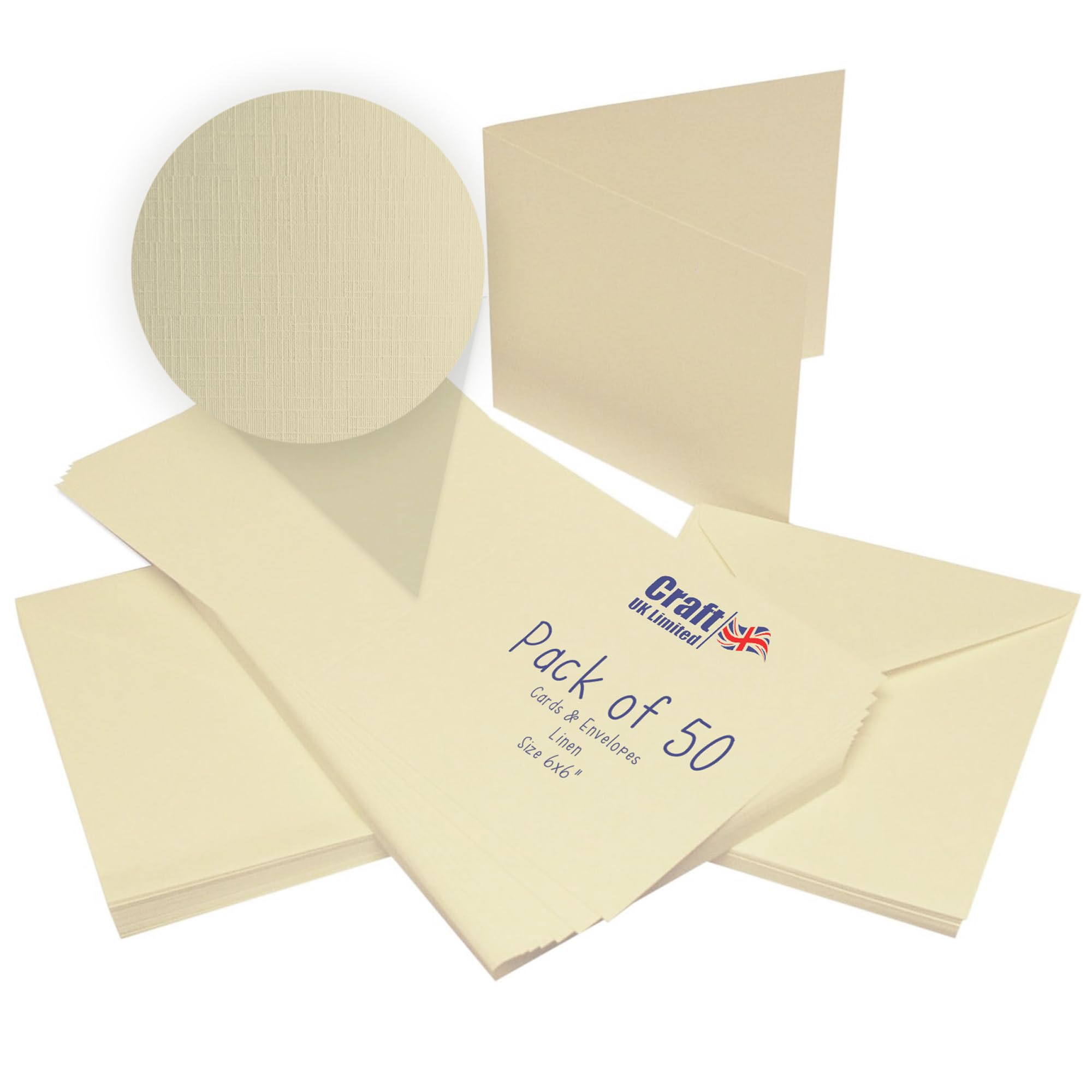 Craft UK, 50 Blank Cards and Envelopes for Card Making, 300gsm, Made in the UK, Lasting Quality, Recycled Ivory Linen, 6 x 6-Inch