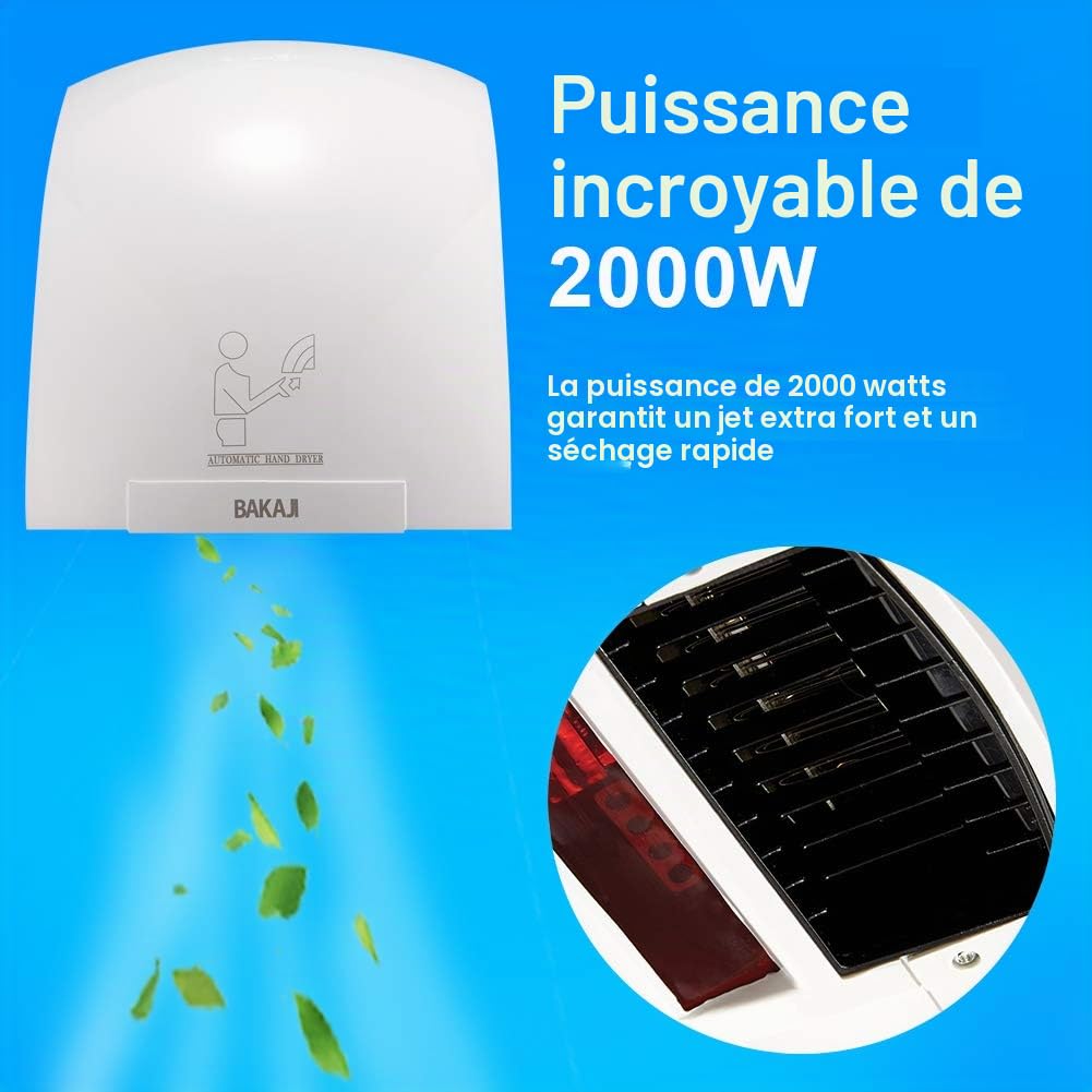 BAKAJI Serviettes Automatique Électrique Hôtel Sèche Mains à Air Chaud Mur Salle de Bains avec Capteur Cellule Photoélectrique (2000 Watts), Blanc
