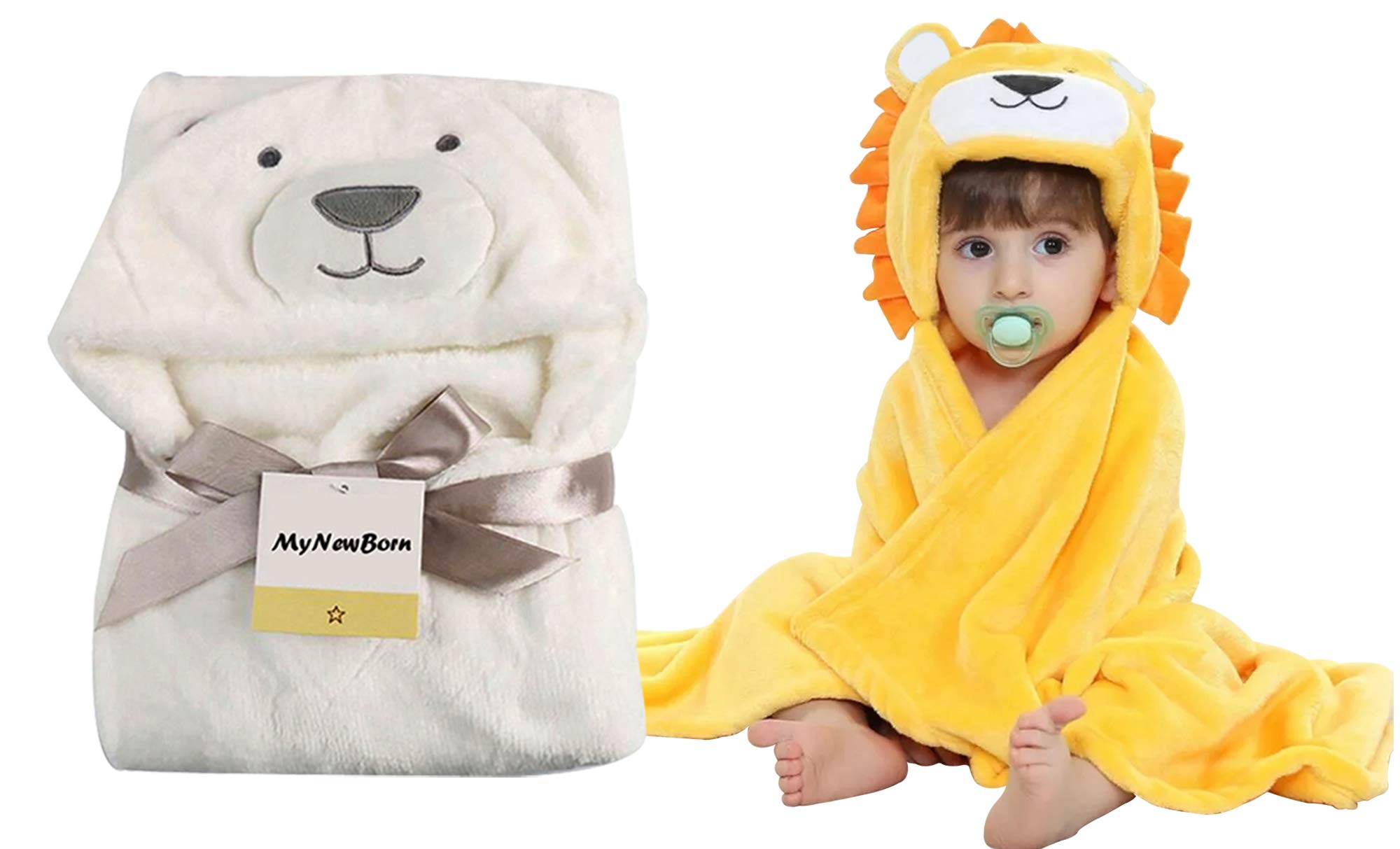MY NEWBORN Baby Blanket Hooded Cartoon for Boys and Girls- Combo of 2 White Yellow