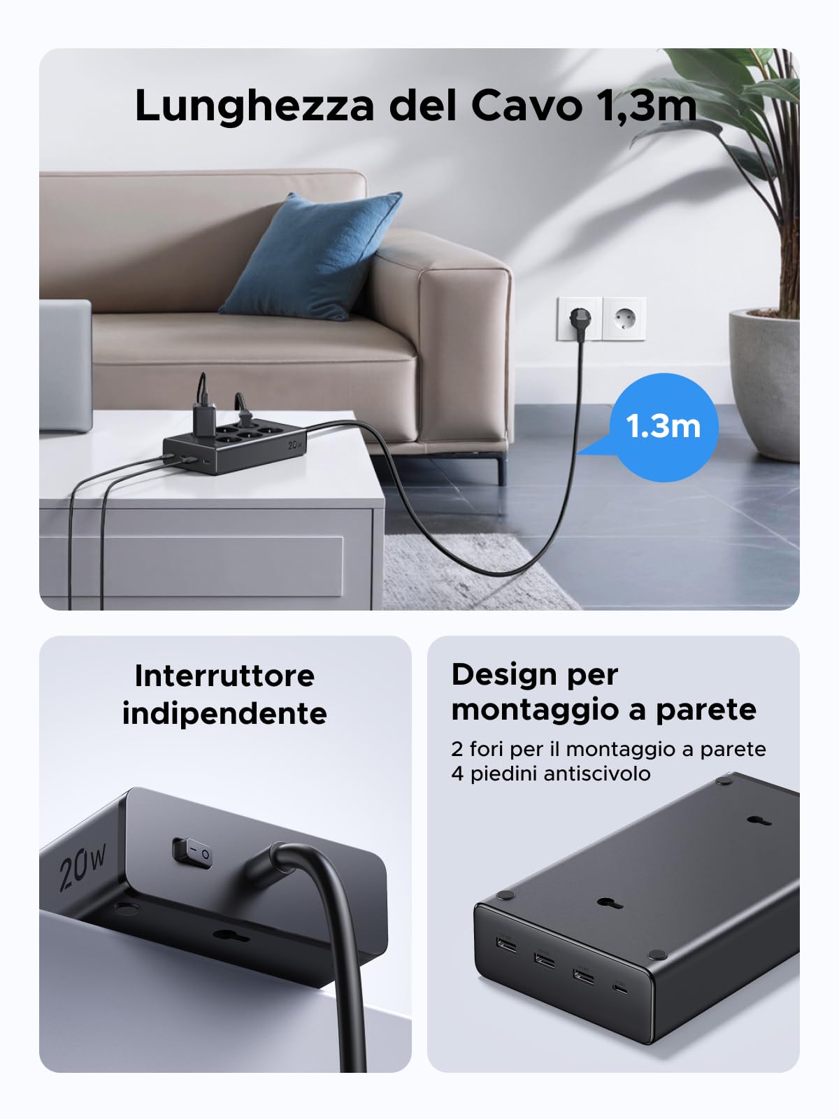 UGREEN 6 IN 1 Adattatore Universale con 10 IN 1 Ciabatta Multipresa 3680W
