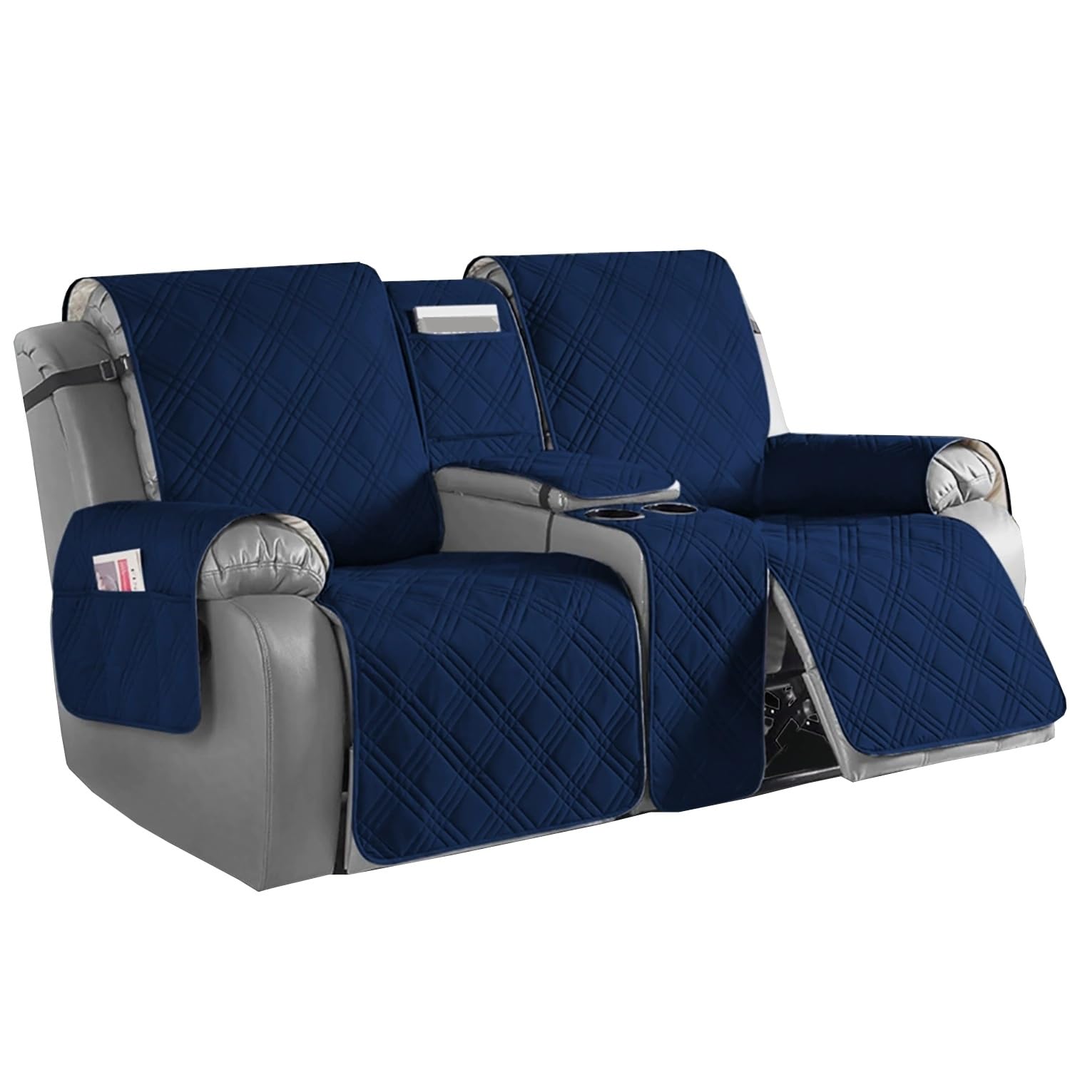 JORTUIO 2 Seater Loveseat Recliner Cover with Center Console, Waterproof Pet Cover for Dual Recliner with Straps Design, Split Reclining Loveseat Covers Furniture Pet Protector(Navy Blue)