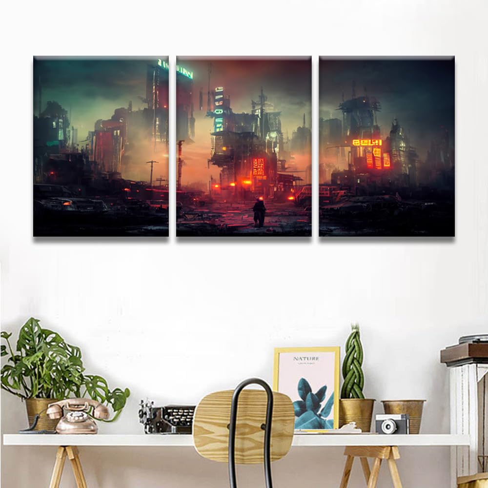 LSIUHWUWI 3 immagini da parete per soggiorno Cyberpunk post apocalittica città decorazione artistica da parete in stile cyberpunk in rovine luci al neon incandescenti su tela artistica da parete