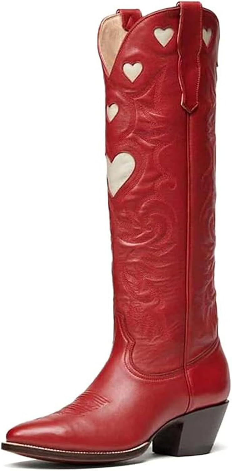 Alsoloveu Embroidered Cowboy Boots Women Heart pattern Knee High Cowgirl Boot Chunky Heel Pull On Western Booties