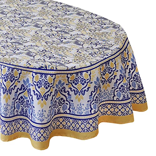 Home Bargains Plus Provence Allure Arabesque Yellow And Blue Floral Bordered Country French Fabric Tablecloth, Indoor Outdoor, Stain And Water Resistant 60" X 84" Oval #TOP6