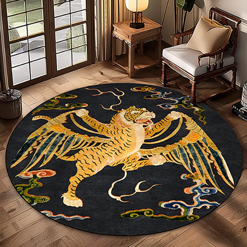 GUGJHFVH Round Bedroom Living Room Soft Rug ø 200 cm Office and Dining Room Large Area Rugs Indoor Decoration Non-Slip Carpets Vintage Rug Tiger Black