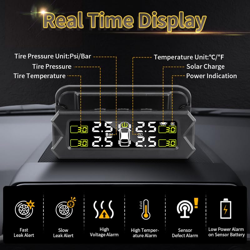 Tpms Sistema di monitoraggio della Pressione dei Pneumatici Solare for Auto con 4 sensori Display avviso Intelligente della Temperatura della Pressione dei Pneumatici Pressione Pneumatici