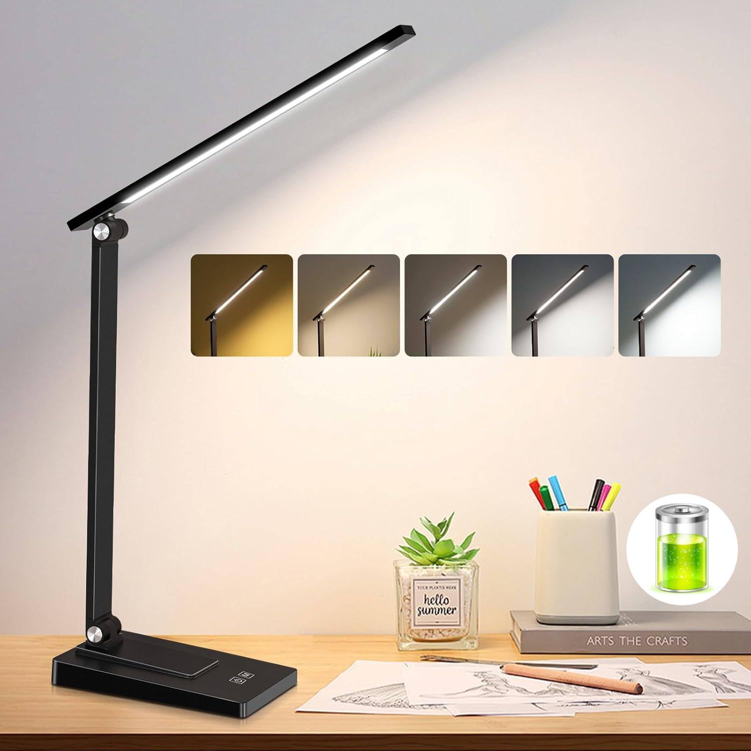 ErayLife Rechargeable LED Desk Lamp 800LM 2600mAh Reading Table Lamp 5 Color Modes 5 Brightness Touch LED Desk