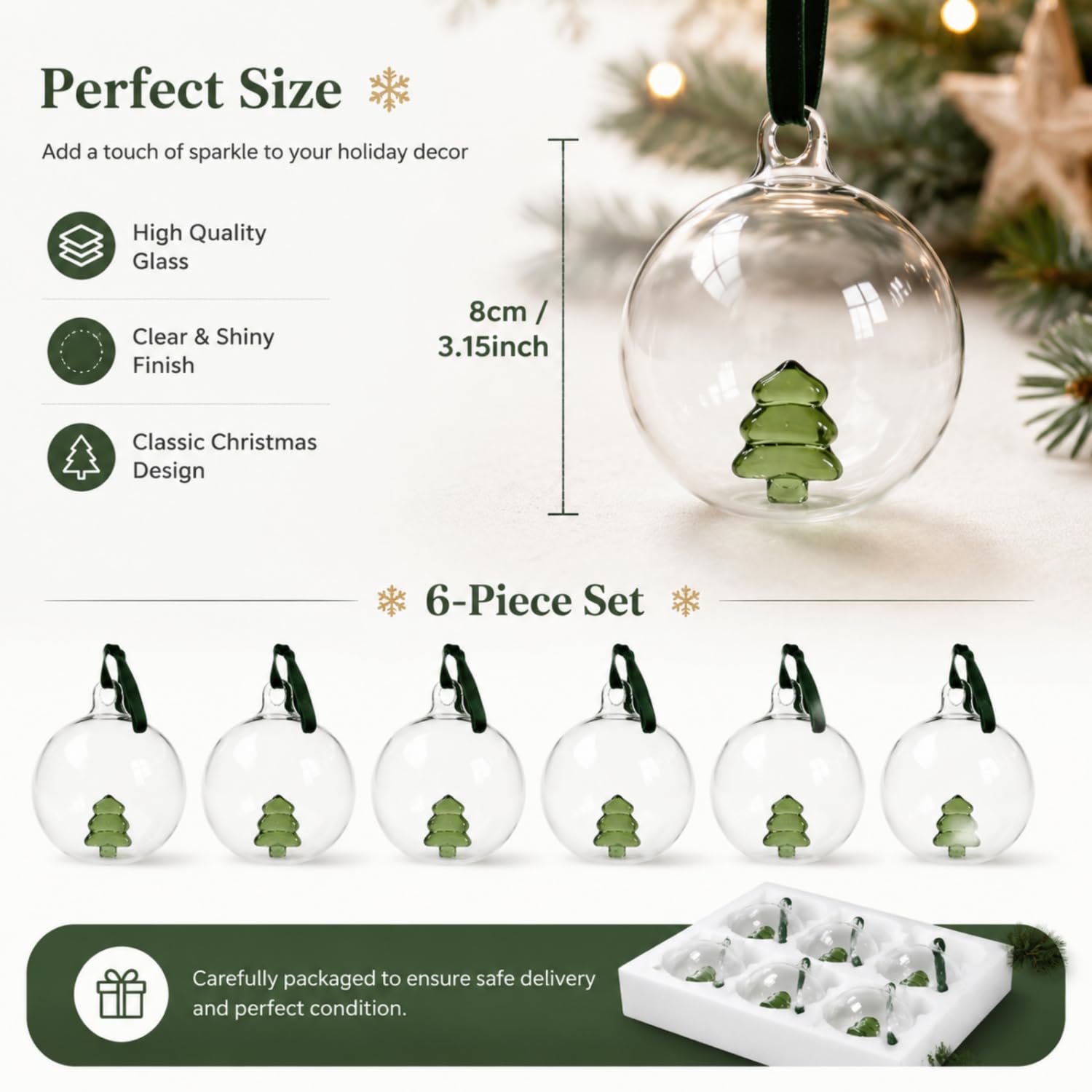 Tigeen 6 palline di vetro ornamentali di Natale, 8 cm, regalo di Natale | Decorazione trasparente per albero, icona 3D fatta a mano, nastro pronto da appendere, espositore per ghirlanda di alberi