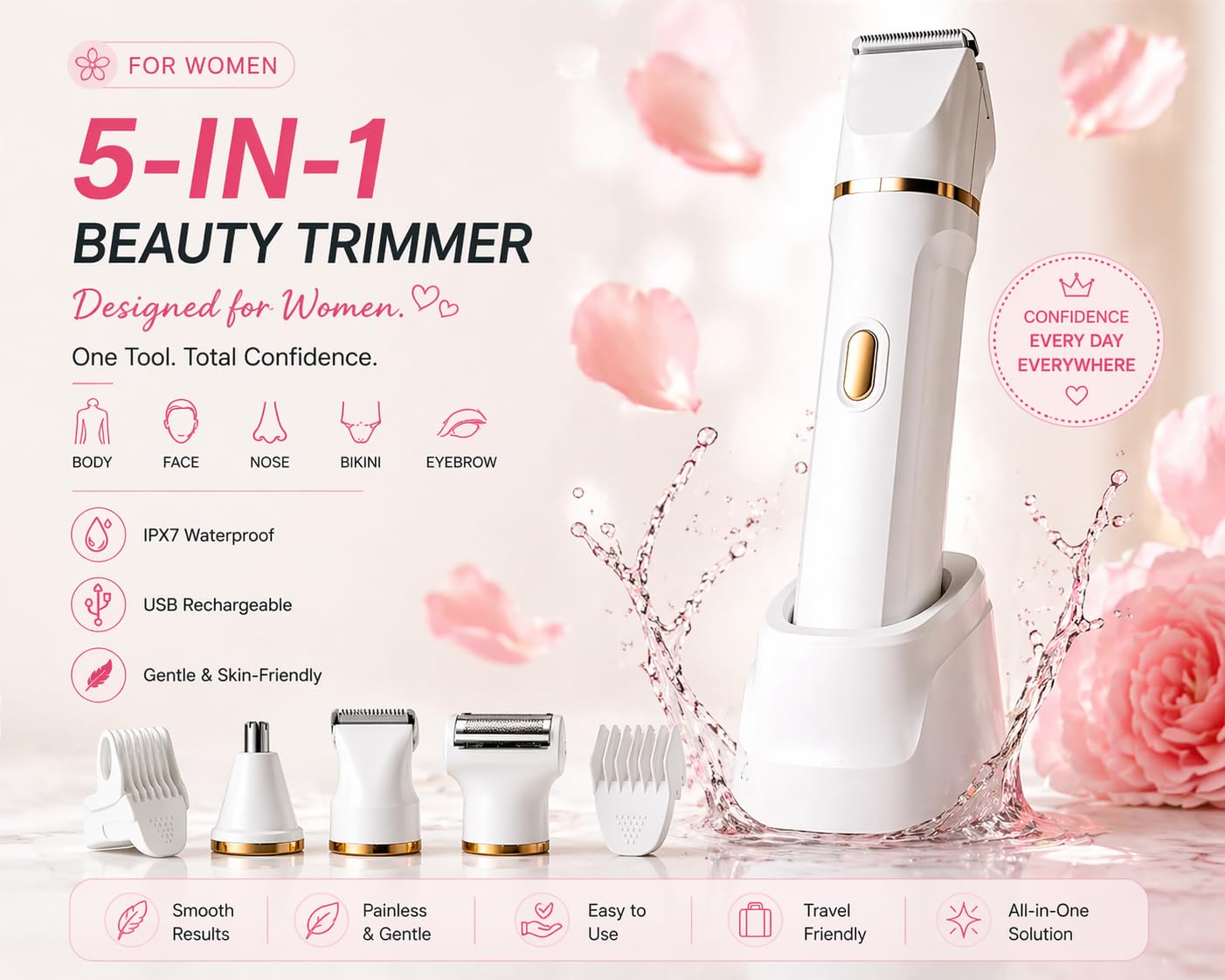 Rasoio elettrico 5 in 1 per bikini, da donna, ricaricabile, impermeabile, per corpo e viso, rasoio indolore per peli pubici con testine intercambiabili, trimmer per naso e viso, ricarica USB, uso