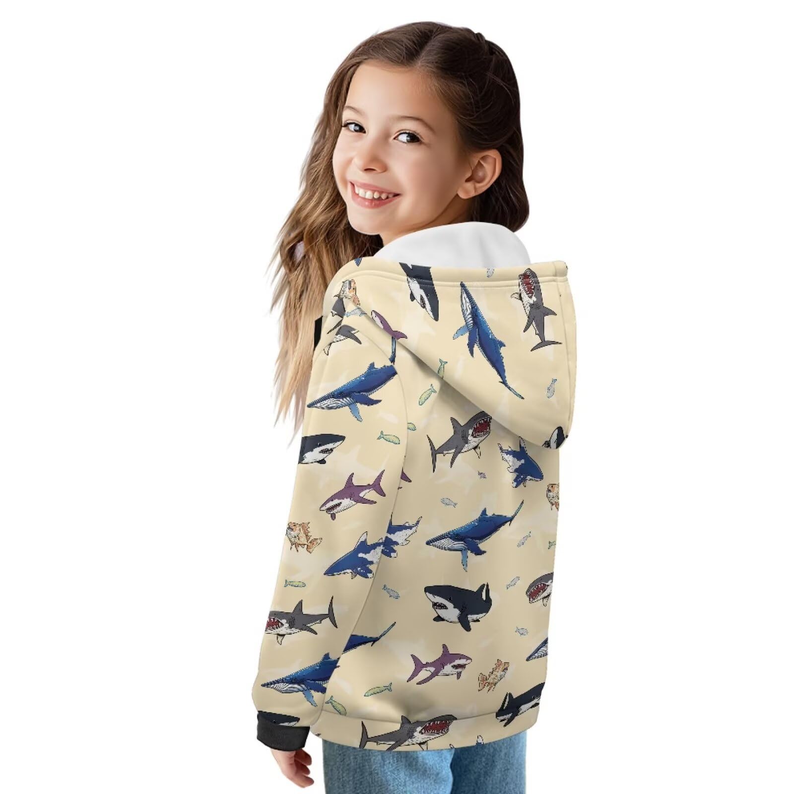 Xoenoiee Dziecięce bluzy z kapturem dla chłopców, zapinana na zamek, bluza 3D, fajna grafika zwierzęca, sweter z długim rękawem, top na jesień i zimę, Beżowe rekiny, 6-8 Years