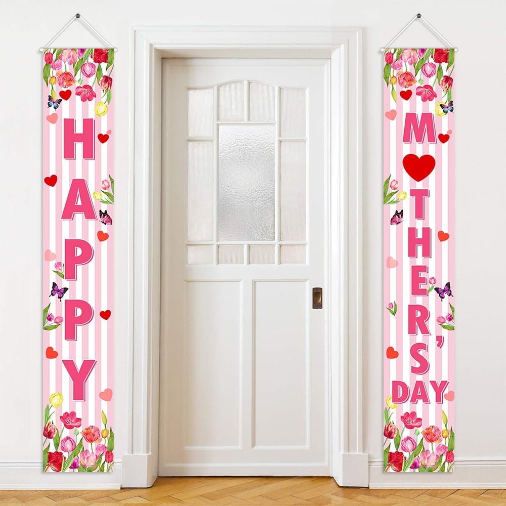 Avezano Happy Mother's Day Porch Sign Mothers Day Banner Pink Stripe Flowers Hanging Door Banner for Indoor Outdoor Mother's Day Party Decorations