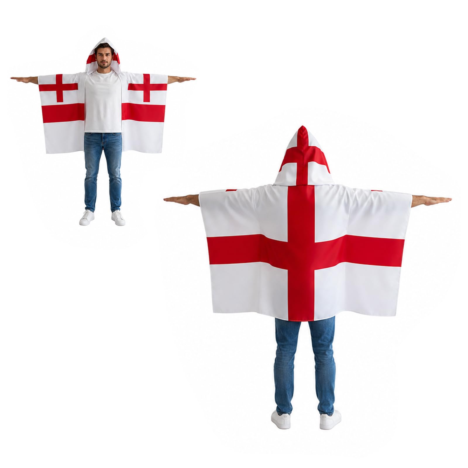 England Football 2026 Hooded Cape - St Georges Flag Supporter Cape 90 x 150cm, Fan Outfit for International Sports Tournament, Festivals, Parades, Match Day Events and Celebrations