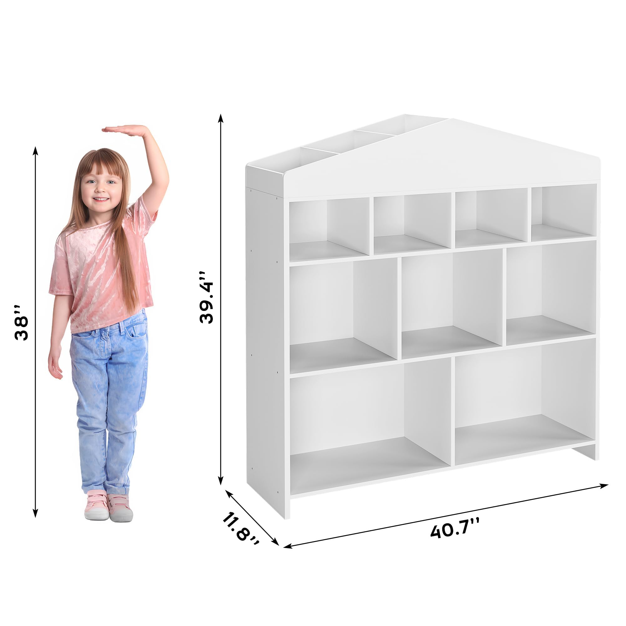 Kinder Bücherregal Hausform, Holzregal für Bücher & Spielzeug, Weiß | Hausförmiges Holzregal mit 15 Fächern – bietet viel Stauraum für Kinderbücher und Spielzeug, ideal für Kinderzimmer.