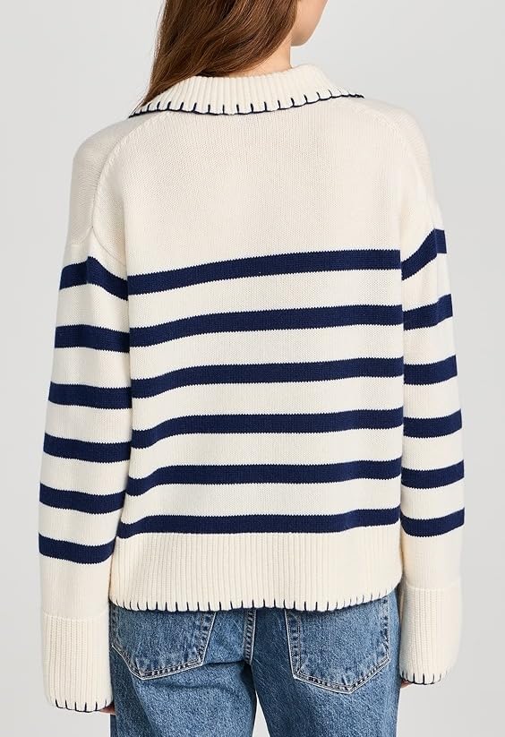 Image of Kedera Women's Casual Striped Pullover Sweater Long Sleeve Polo V Neck Lightweight Loose Fit Knit Jumper Tops, Small