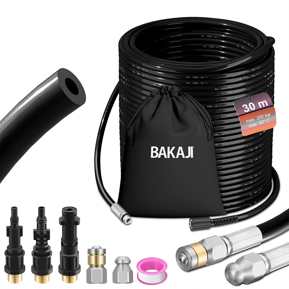 BAKAJI High Pressure Pipe Purge Probe 200 Bar, Anti-Kink System with Case, 3 Adapters, 2 Fixed and Rotary Nozzles, Compatible with Kärcher K2-K7 Lavor Pressure Washer (30 Metres with Bag) — image 1