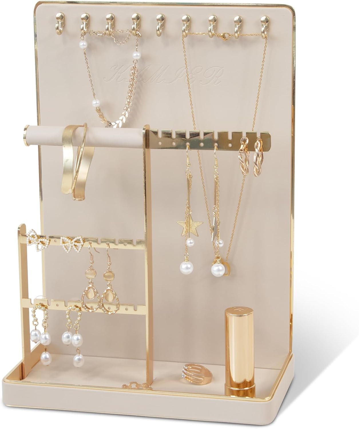 KAMIER Jewelry Organizers and Storage Stand - 4-Tier Cute Earring Holder Organizer Necklace Storage with 10 Hooks - Small Aesthetic Jewelry Tower Rack Tree for Women Girls, Pink