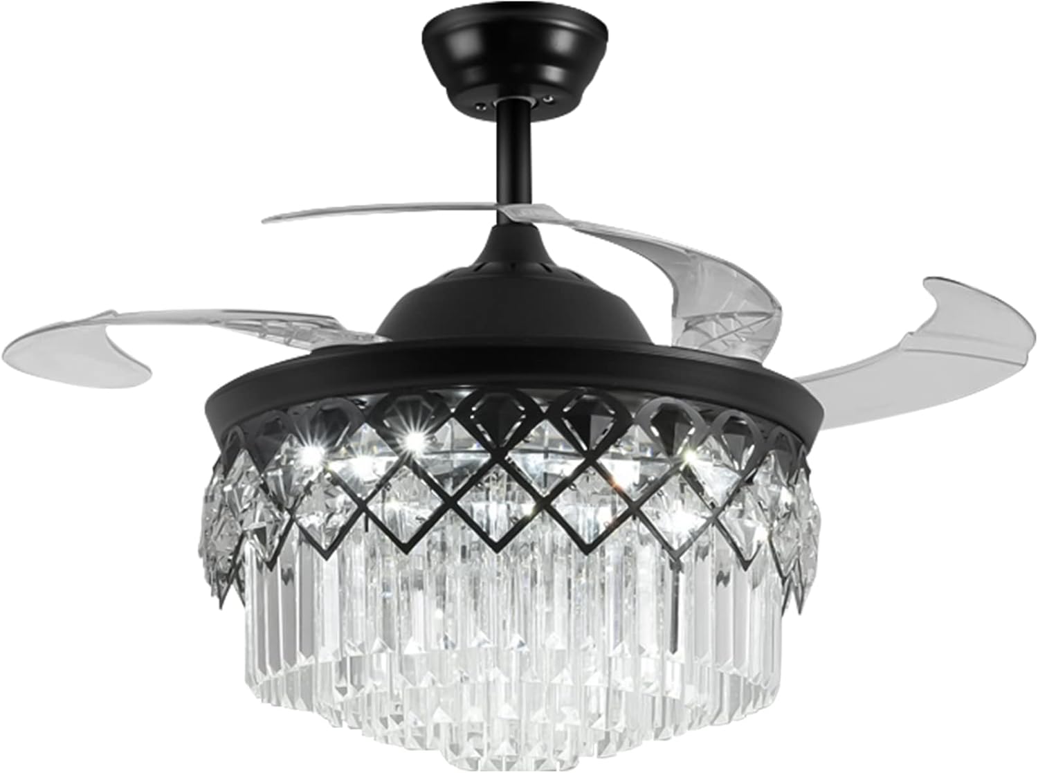 A Million 42" Modern Ceiling Fan with Light, Crystal Black Chandelier with Remote Control Retractable Blades 3 Speeds 3 Colors Ceiling Fans Lighting Fixture, Silent Motor with LED Kits Included