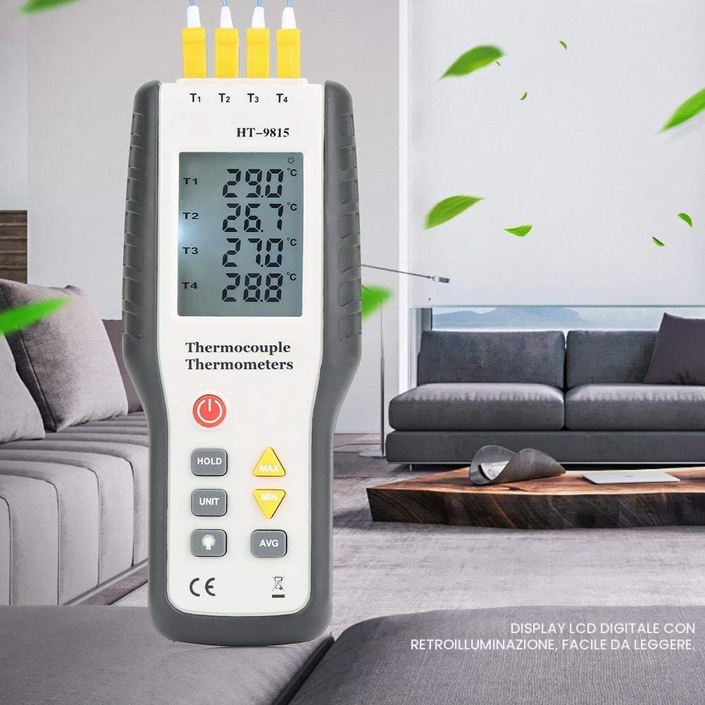 Akozon Termocoppia termometro digitale HT-9815 4 canali, sensore termocoppia tipo K, termometro, LCD a lettura istantanea con sensore sonda -328 ° F ~ 2501 ° F (- 200 ° C ~ 137