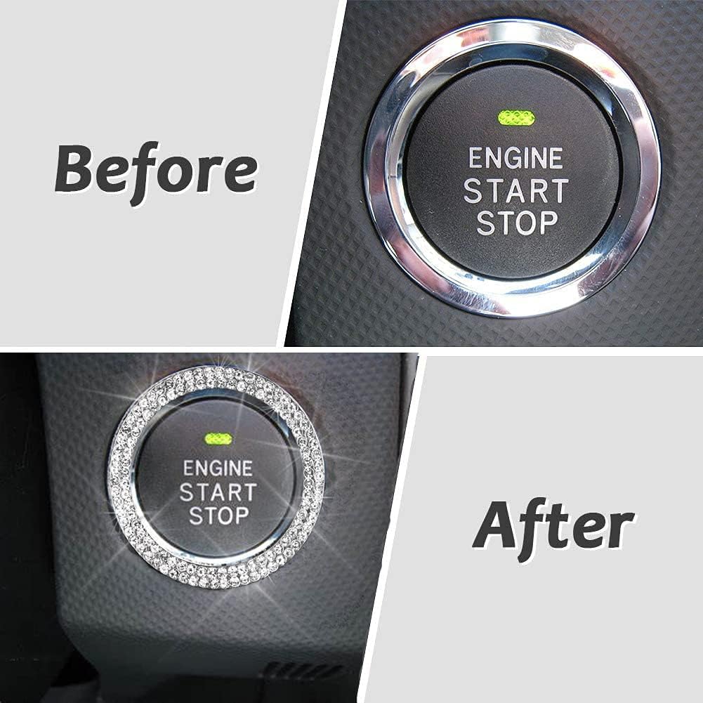 Bling Car Crystal Rhinestone Ring Emblem Sticker, Car Interior Decoration, Bling Car Accessories for Women, Push to Start Button, Key Ignition Starter & Knob Ring (Silver, 2 Row Rhinestones)