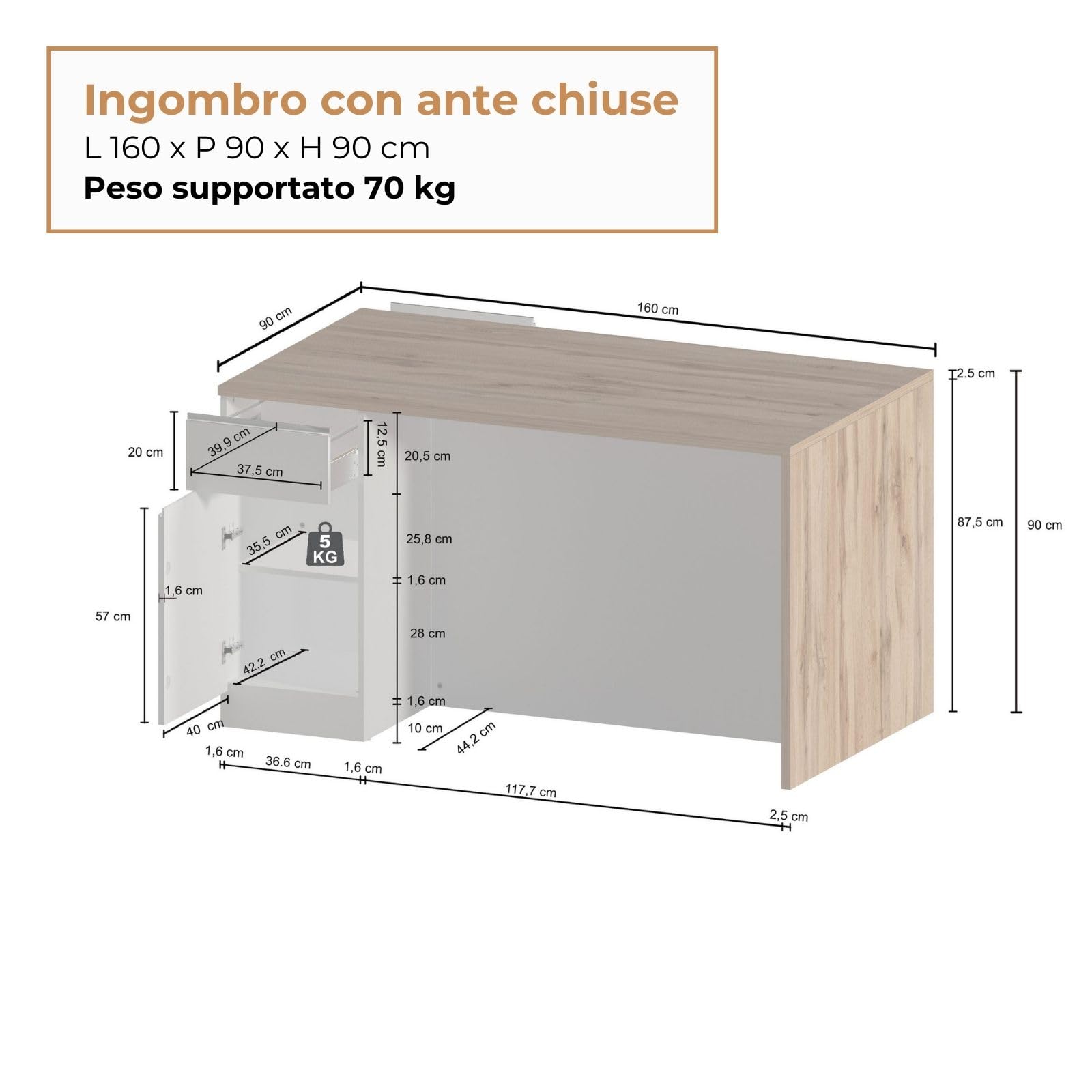 WHOUS Isola Cucina SOLE con 2 Ante e 2 Cassetti, Tavolo da Pranzo e Piano di Lavoro, Ideale per Open Space e Spazi Ridotti, 160x90x90 cm, Bianco Lucido e Rovere