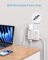 Vista 7 de Cable protector de sobretensiones de 10 pies, cable de extensión de enchufe plano ultrafino, 8 tomacorrientes, 4 puertos USB (2 USB C), extensor