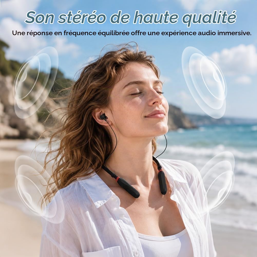 Écouteurs Bluetooth Sport À Tour De Cou avec Câble 200H de Lecture, Casque Bluetooth sans Fil, Écouteurs Intra-Auriculaires Bluetooth IPX4, Écouteurs Magnétiques pour Fitness Course Bureau, Noir