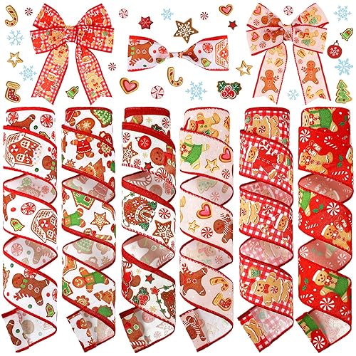 Chitidr 6 Rolls 30 Yard Christmas Wired Ribbon 2 Gingerbread Ribbon for Christmas Tree Decor Gingerbread Men Red Swirl Burlap Riband for Xmas Tree Topper Bow Wreath Gift Wrapping DIY Craft Decor