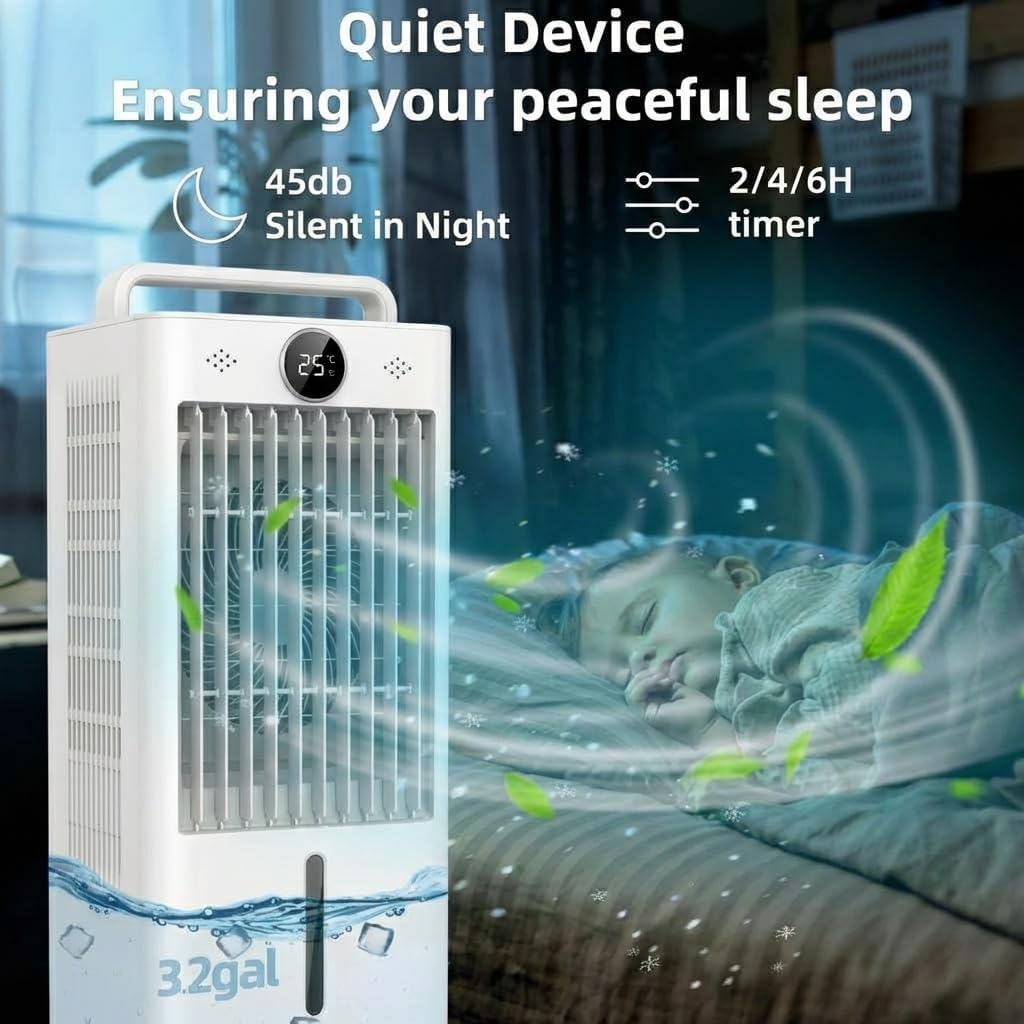 10L Evaporative Air Cooler,Portable Swamp Cooler with Remote Control, 3 Speeds & 3 Modes, 45W Energy Efficient Cooling Fan with Ice Packs and Casters for Bedroom Office