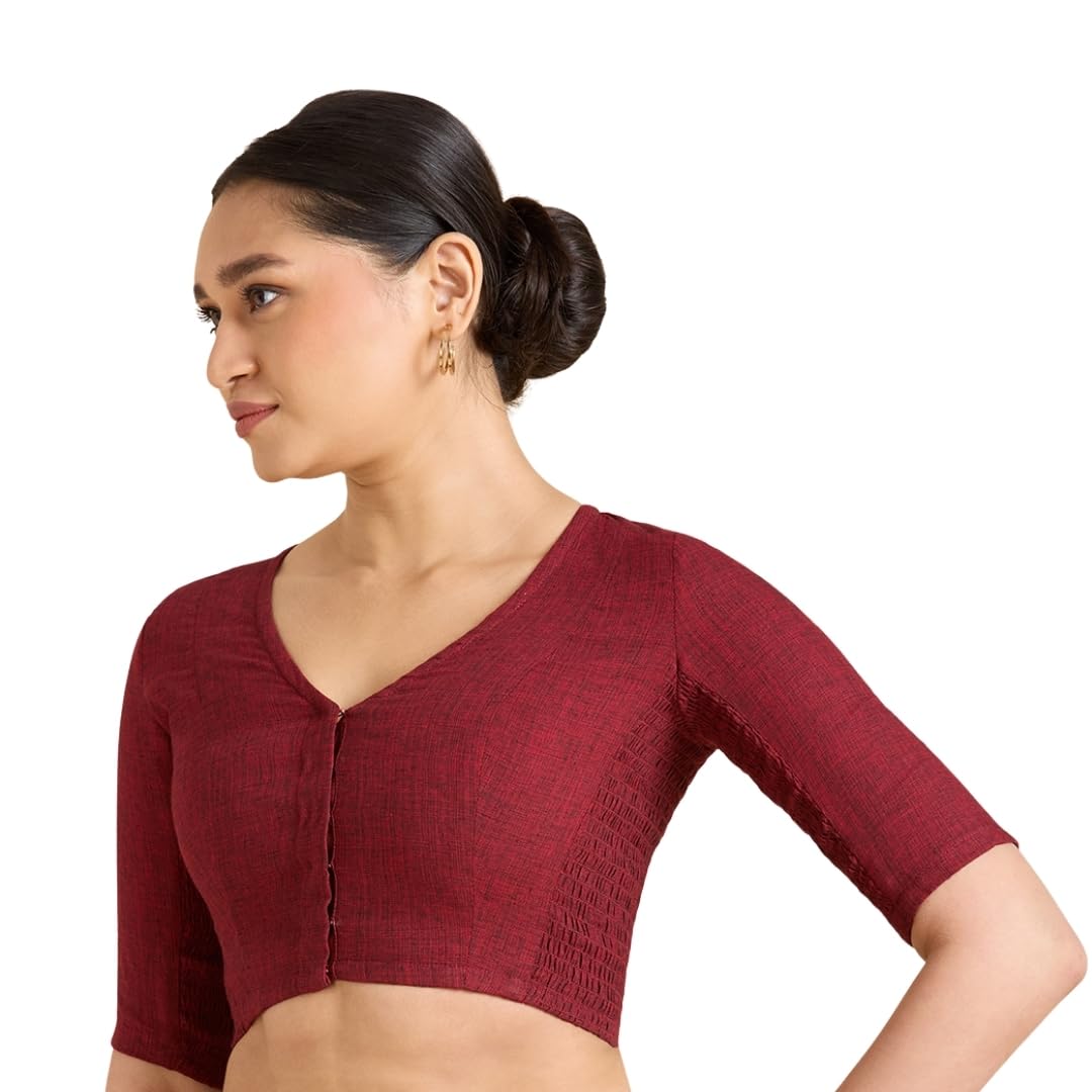 Women's Madras Handloom Cotton Side Stretchable (Smocked) Readymade Saree Blouse