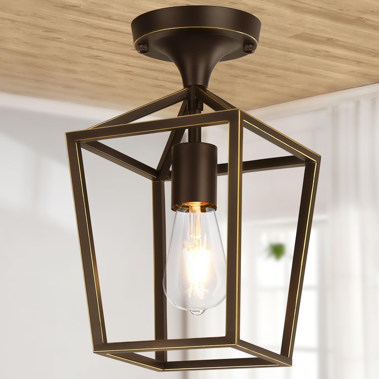 【Upgraded】Semi Flush Mount Ceiling Light,Brown Industrial Ceiling Light Fixtures, Farmhouse Light Fixture for Hallway Stairway Garage Living Room Dining Room Balcony（Not waterproof, Not for Outdoor）
