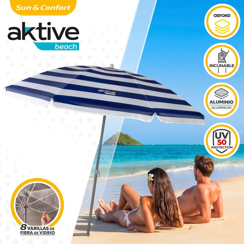 Aktive 62223 - Sombrilla de playa, Ø180 cm, con protección UV filtro 50, mástil Ø22-25 mm, incluye bolsa para transportarla, Sombrilla playa plegable, estampado a rayas marineras, Aktive Beach,