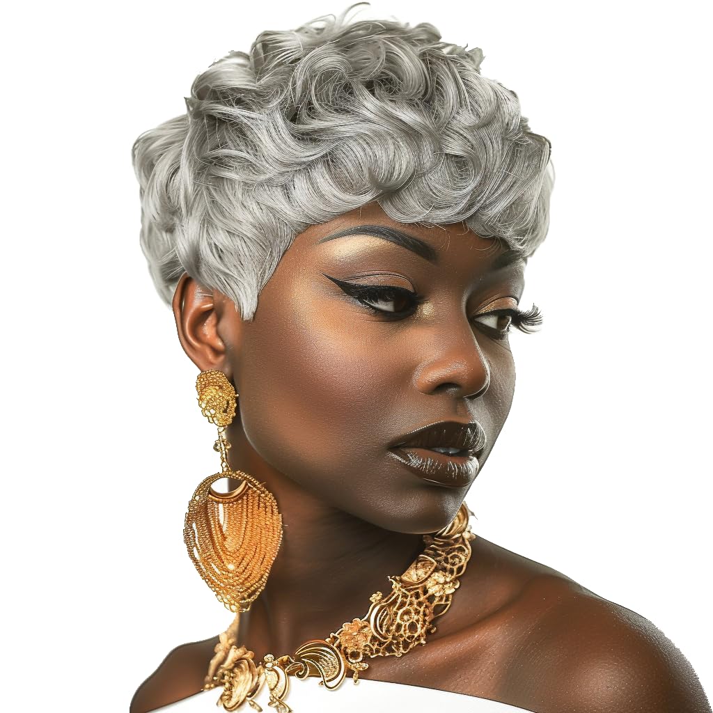 Gray Pixie Cut Wig Short Wigs For Black Women Pixie Cut Gray Wigs With Bangs Natural Curly Synthetic Hair Wigs Layered Short Womens Wigs(Grey)