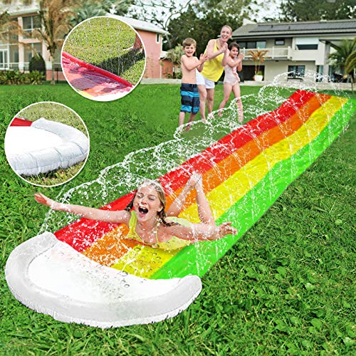 AMENON 14 FT Water Slip Slides for Kids, Rainbow Lawn Water Slides Splash Play Center with Inflatable Crash Pad and Splash Sprinkler Garden Backyard Swimming Pool Toys Outdoor Summer Party Favors