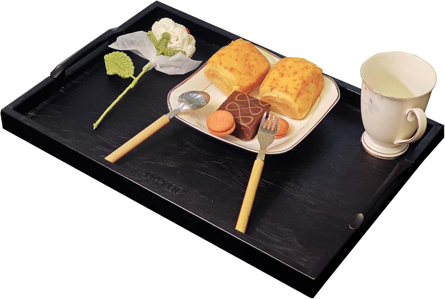 high-end Light Luxury Leather Rectangle Oversized Service Tray, Ottoman Tray?Coffee Tray, Food Tray, Family Dinner, Out-of-House Picnic, Party Essential Tray (Black with Handles, 18 * 12 inch) 18" x 12" x 1.2" Black With Handles