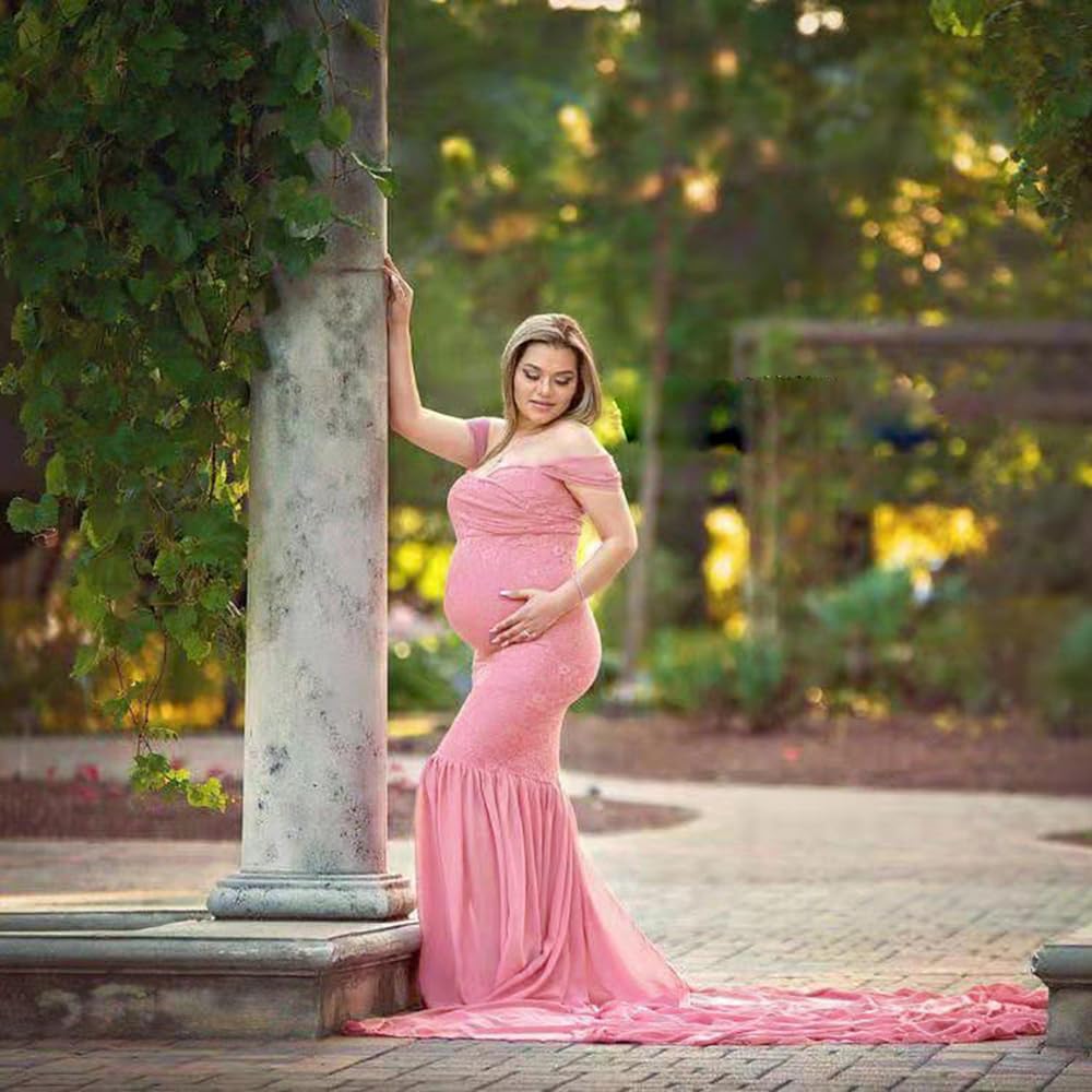 Damska sukienka ciążowa z odsłoniętymi ramionami, falbany, elegancka, smukła, syrena, szyfonowa sukienka fotograficzna do fotografii